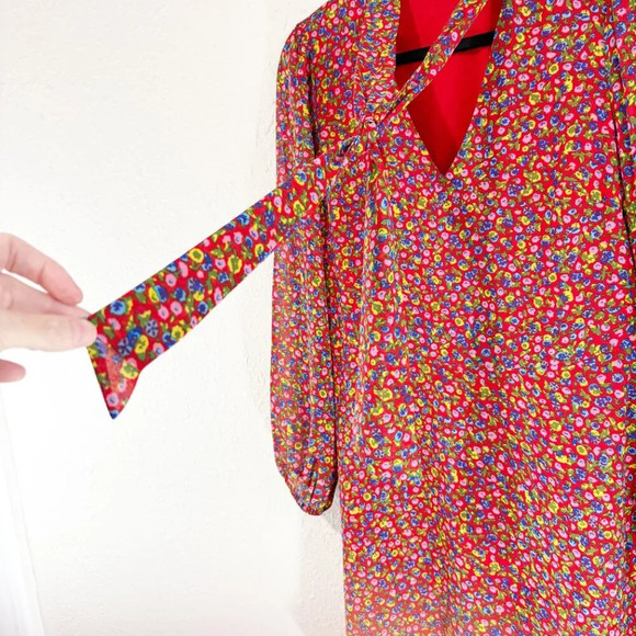 Boden Imogen Red Floral Chiffon Tie Neck Long Sleeve Dress Women's US 8 Regular - Picture 8 of 11